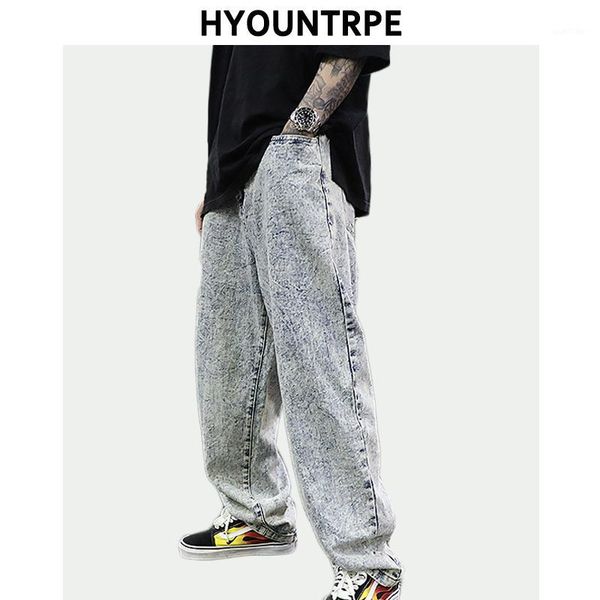 

mens vintage snow washed denim jeans wide leg pants loose straight trouser new casual zipper trousers pants hip hop streetwear1, Blue