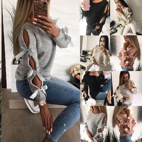 

2019 sweater women casual solid bow tie pullover loose sweater jumper knitwear sueter mujer invierno pull femme pullover, White;black