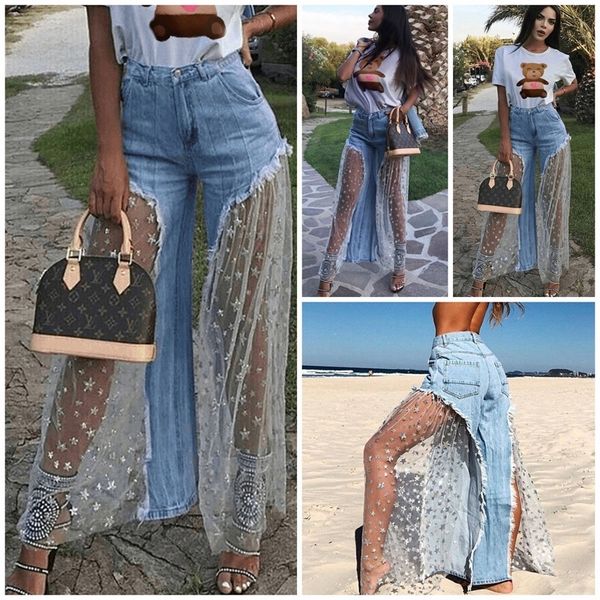 

women casual ripped mesh denim jeans destroyed split joint lace tulle high waist pants beach jeans trousers, Blue