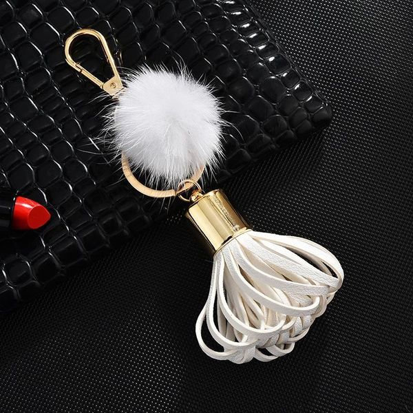 

fashion sweet pu leather tassel keychain with mink fur ball key chain key ring holder creative gifts for women bag jewelry h bbypqp, Slivery;golden