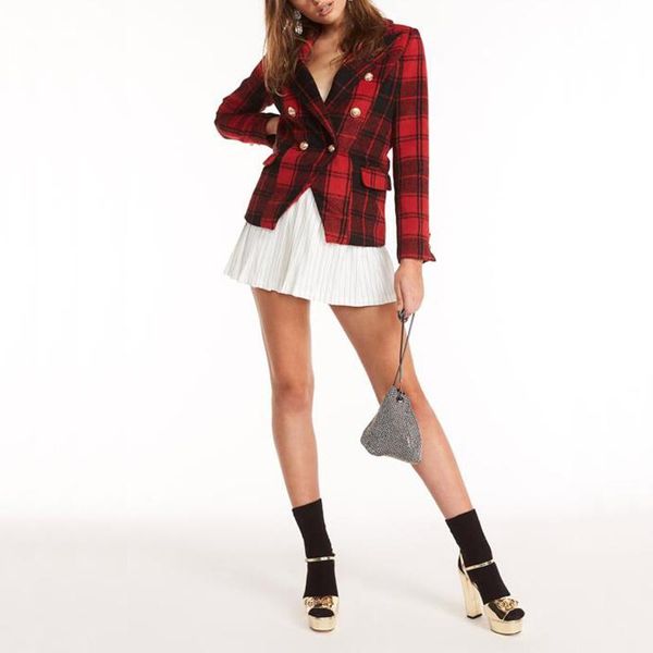 

autumn and winter women's suit casual plaid double-breasted pocket decorative suit, White;black