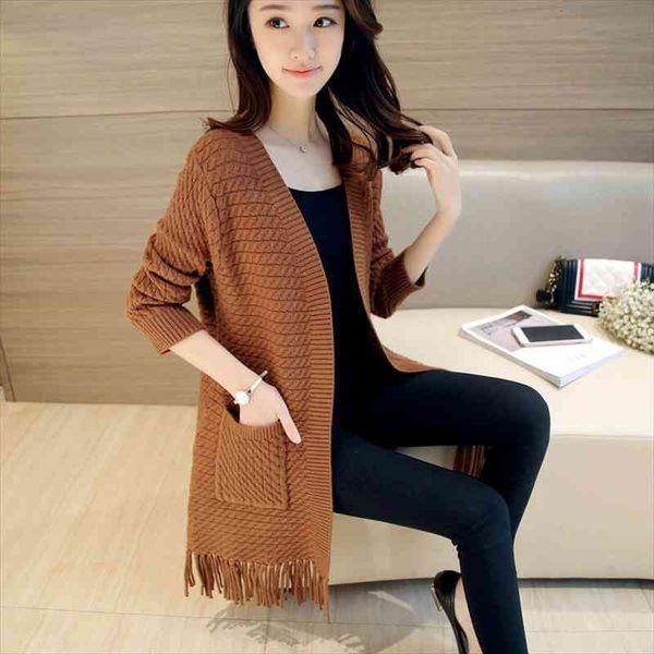 

ladies elegant long knitted sweater cardigan korean version women long-sleeved tassel sweater coat pocket cardigan, White;black