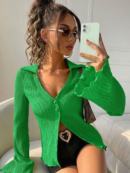 

flounce sleeve lettuce trim blouse s5mu#, White