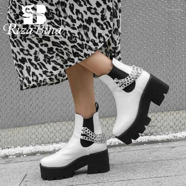 

boots rizabina women ankle shoes round toe thick heel slip on chain cool punk gothic ladies footwear size 32-431, Black
