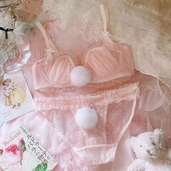 

bras sets underwear cute fur ball tail pink girl bra set lace ultra-thin plus size lingerie gathered underwire bralette, Red;black