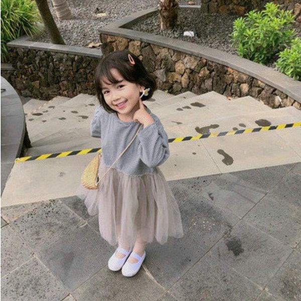 

children dress 2021 spring autumn striped girls lace long sleeve tulle patchwork vestidos casual knee-length dresses for girls, Red;yellow