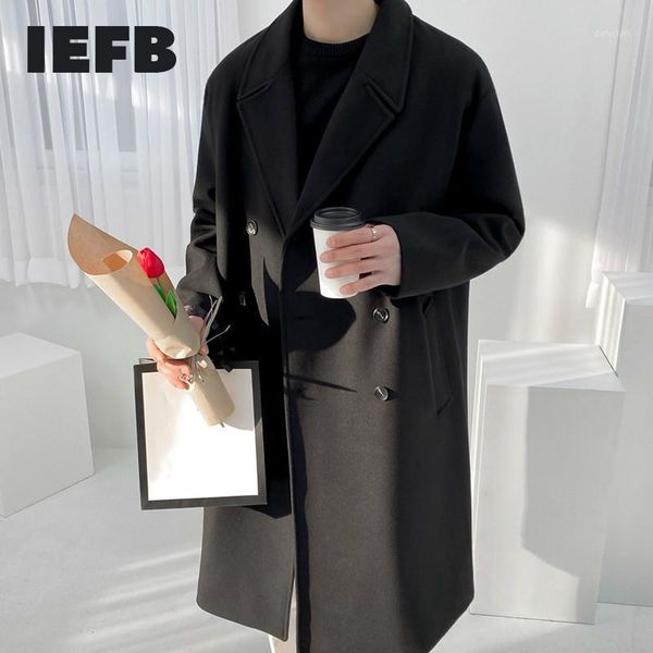 

iefb korean double-sided tweed coat men's mid length trendy double faced autumn winter thickened clothes double breasted 9y45301, Black