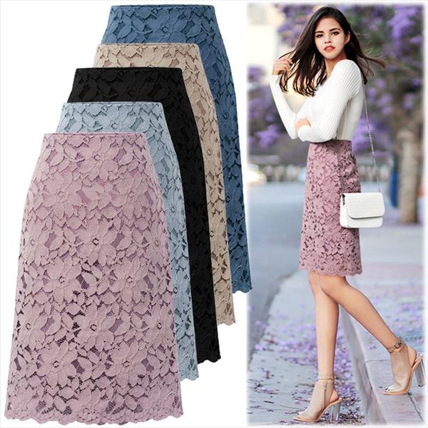 

lace skirt women plus size 5xl office skirt knee length high waist bandage elegant women lace flower skirts summer faldas, Black