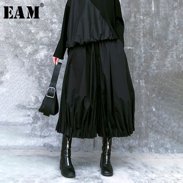 

eam] high elastic waist black pleated split wide leg trousers new loose fit pants women fashion tide spring autumn 2020 1r456 1017, Black;white