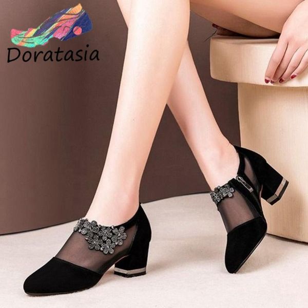 

doratasia office women spring new design shoes elegant party comfy pumps women flock round head zipper floral flcok pumps, Black