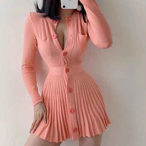 

spring long sleeve knitted dress slim and sweet single breasted pleated dress with waist closed orange 201102, Black;gray