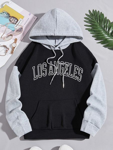 

colorblock letter graphic kangaroo pocket drawstring hoodie y4ne#, White;black