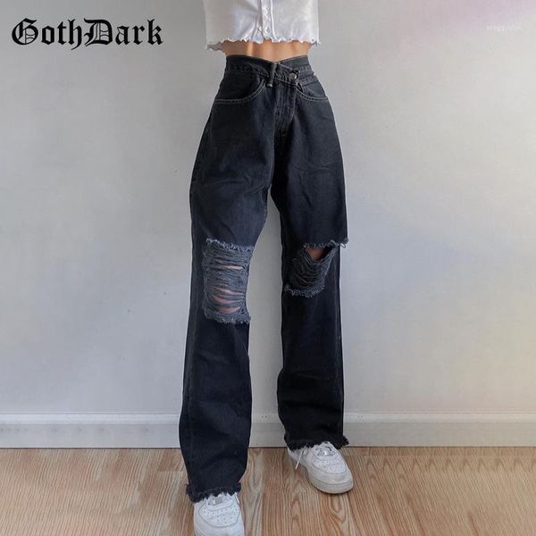 

goth dark gothic hip hop black jeans wide leg high waist korean style streetwear with hole pants girls loose lady jogging wear1, Blue