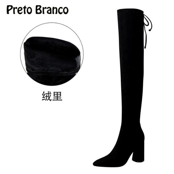 

boots preto branco winter women's high-heeled thick with pointed knee warm women high ds-17221-3, Black