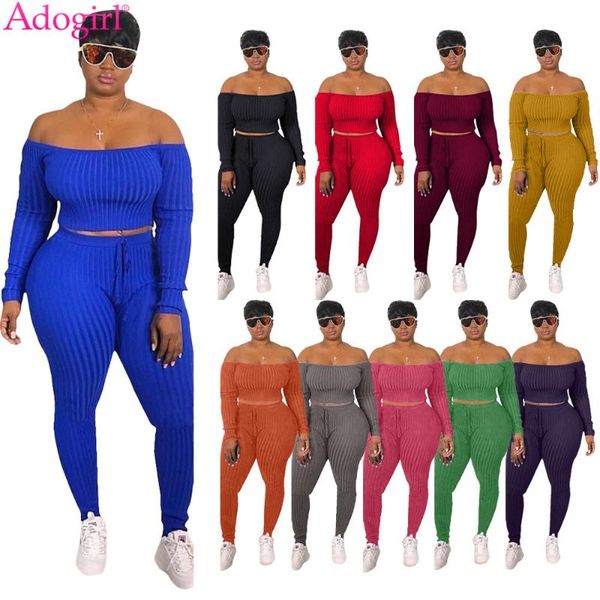 

women's tracksuits womens sets off shoulder ribbed two piece set s-3xl long sleeve crop pencil pants suit fashion autumn winter sport c, Gray