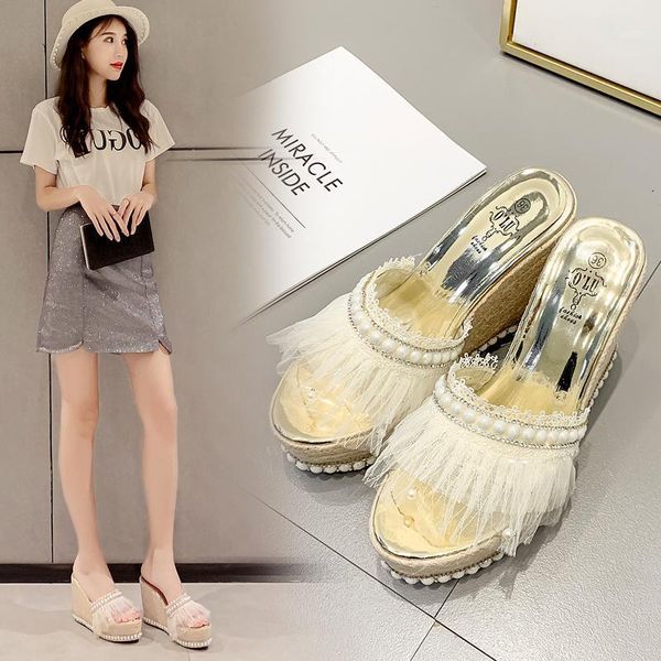 

slippers wedge heel sandals 2021 korean summer rhinestone lace wild high slippers1, Black