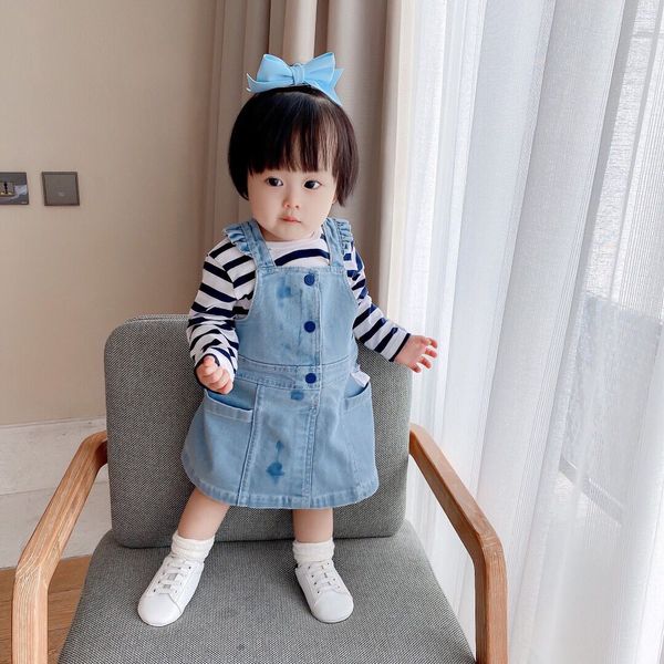 Yüksek kaliteli kız bebek denim tulum yaz elbiseleri kız çocuk kıyafetleri tulum takım elbise 6-36month mavi jardineira kot bebek elbise