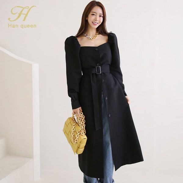 

h han queen 2021 new women casual windbreaker single-breasted outwear fashion sashes office coat chic design long trench coats, Tan;black