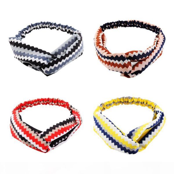 

women sport button headband zig-zag wavy stripes protect ear cross knot headwrap