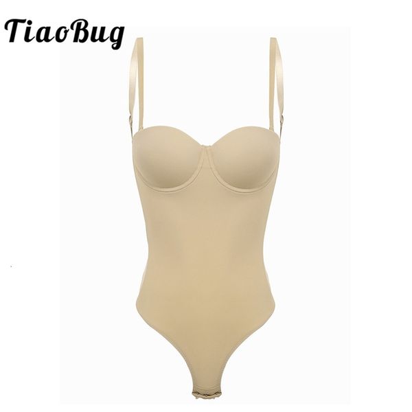 

women adjustable spaghetti straps underwire padded push up cups bra backless tummy control full body shapers bodysuit shapewear