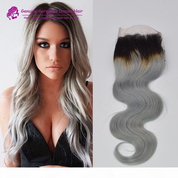

4*4inch human hair brazilian body wave 1b grey human hair closure bleached knots for charming women 8"-20, Black;brown
