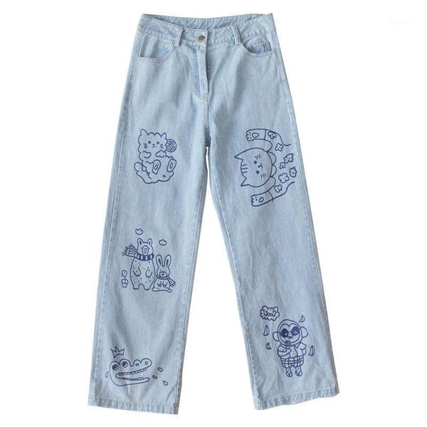 

blue high waist jeans for women 2020 summer cartoon print denim pants boyfriend pocket casual korean style ladies denim trousers1