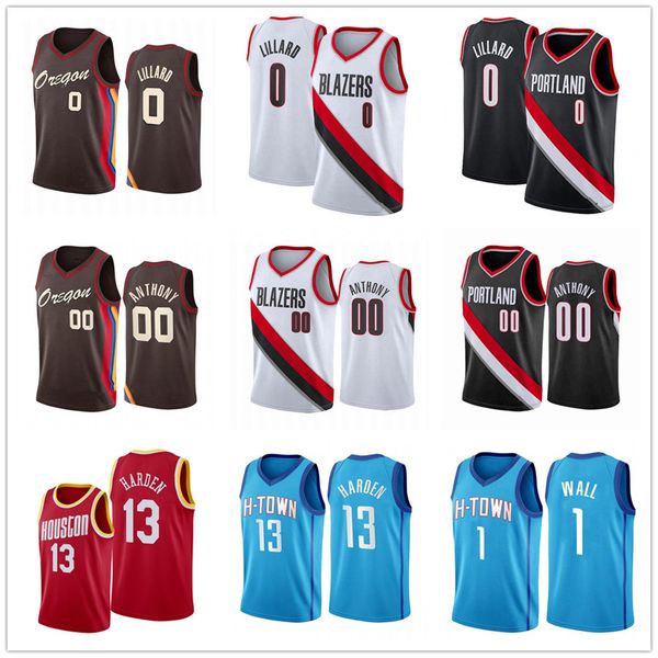 

damian 0 lillard basketball jersey james 13 harden jerseys john 1 carmelo wall anthony jerseys retro vintage hakeem 34 olajuwon jersey, Black;red