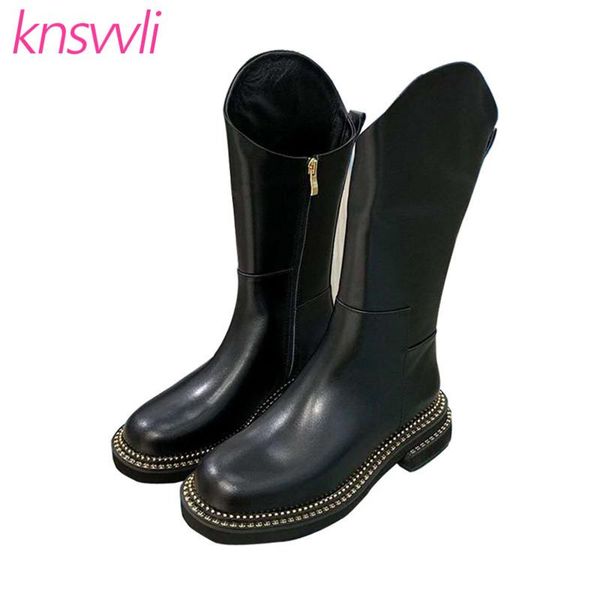 

genuine leather studded women boots round toe motorcycle boots casual flat knight autumn brand shoes woman knee high, Black