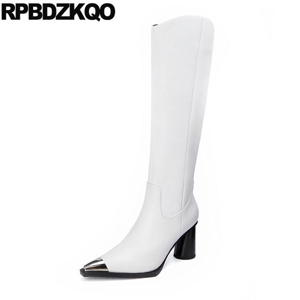 

long metal boots tall block casual white chunky designer shoes women luxury 2020 knee high winter pointed toe size 4 heel sexy, Black