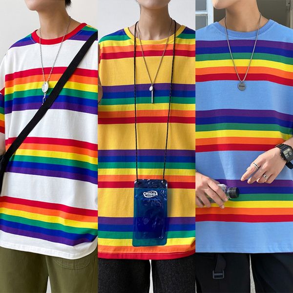 

men's summer new rainbow stripe coat t-shirt youth student round neck short sleeve loose t-shirt wkifd, Blue
