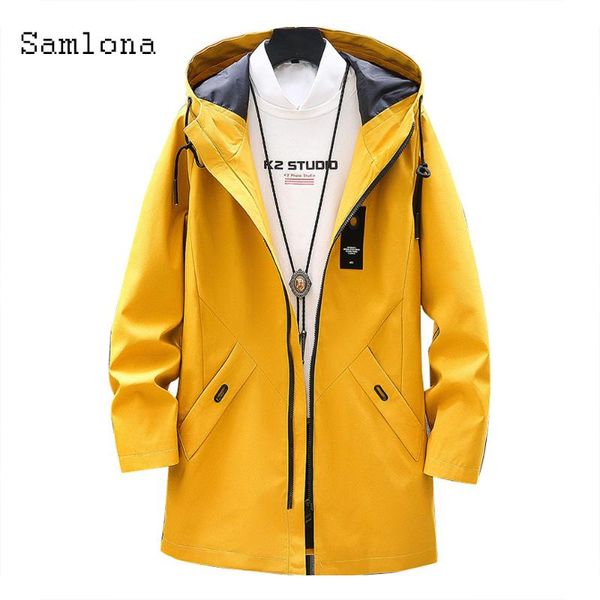 

samlona plus size mens long trench coats simple zipper outerwear kpop fashion 2021 spring autumn new hoodie jackets men clothing, Tan;black