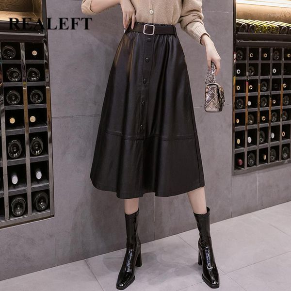 

realeft 2020 new autumn winter pu faux leather long skirt with belt high waist vintage buttons mid-calf umbrella a-line skirt1, Black
