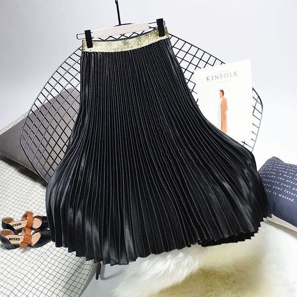 

2021 new sherhure quality summer pleated stretch high waist long female jumper women midi skirt saia w4z6, Black