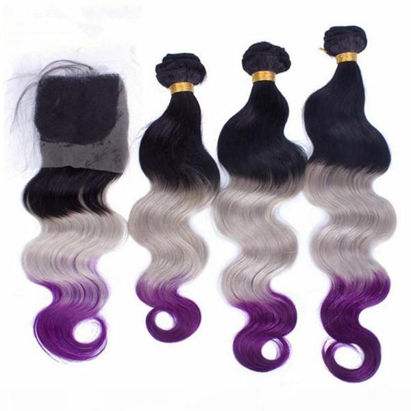 

#1b grey purple dark roots ombre indian human hair 3bundles body wave with closure 3tone ombre hair bundles with 4x4 front lace closure, Black