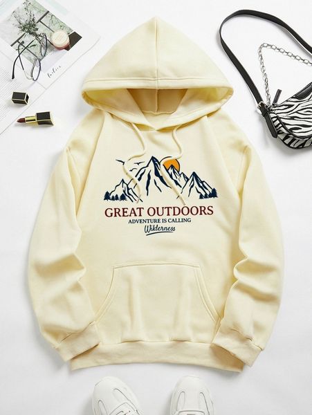 

mountain & slogan graphic kangaroo pocket drawstring thermal hoodie r5gz#, White;black