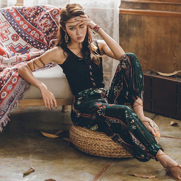 

harun pants women 2021 summer bohemia beach pants national style lantern high waist wide leg pants women flower long, Black;white