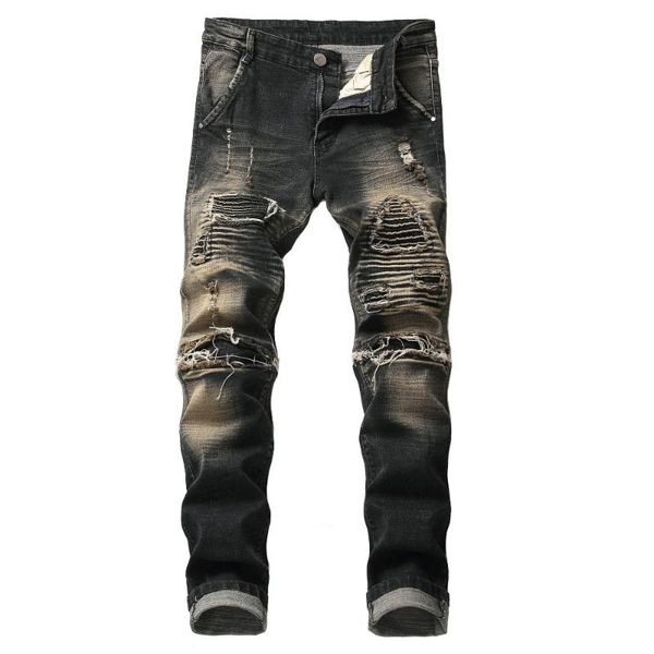 

new designer 2020 casual hole jeans men slim straight biker jeans high street pants male denim casual pants plus size 42, Blue