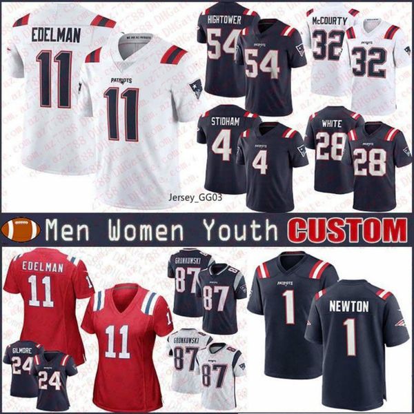 

cam 1 newton julian 11 edelman custom men kids new england nfl patriots football jerseys jarrett 4 stidham 24 gilmore 54 hightower, Black;red
