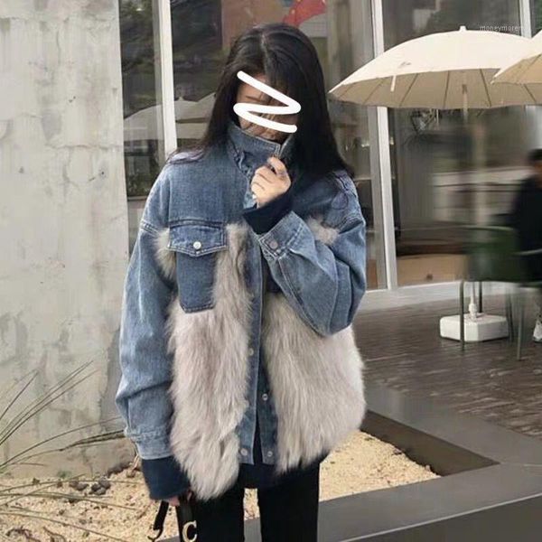 

women's fur & faux fashion 2021 winter loose denim jacket women oversized collar plus velvet padded jackets vintage cotton thick warm j, Black