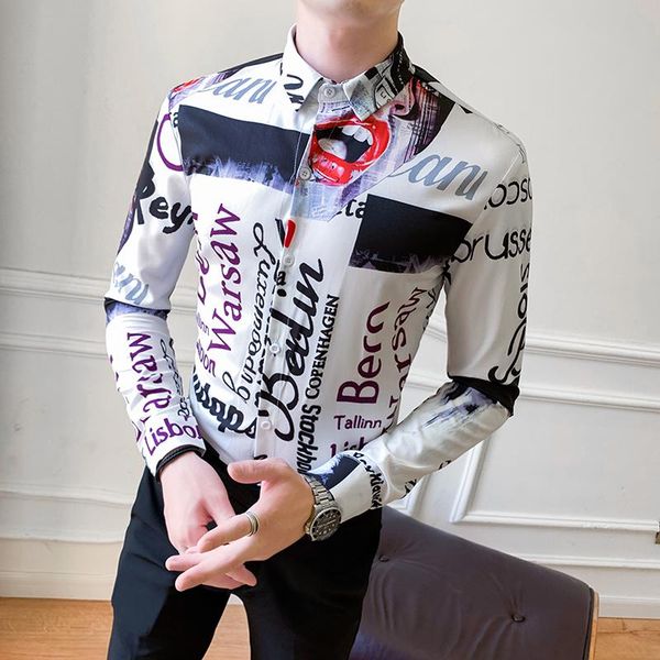 

men's casual shirts men shirt spring autumn fashion print long sleeve british style slim fit party dress camisa homme, White;black