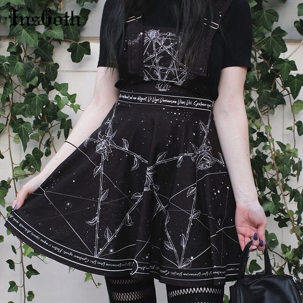 InsGoth Pentagram Print Black Strap Röcke Gothic Harajuku High Wiast Plissee Miniröcke Weibliche Hosenträger Rock Sommer Vintage LJ200819