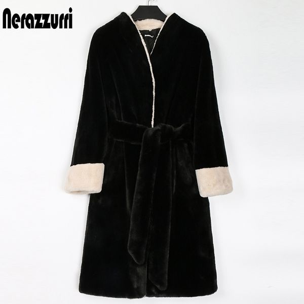 

nerazzurri color block faux fur coat women raglan sleeve runway winter soft fluffy fur jackets for women plus size clothing 7xl 201016, Black