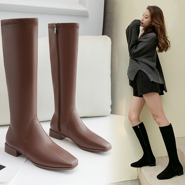 

2021 women at knee height superfine superior fiber fall and winter ladies long boots head fashion europe women's shoes he3i, Black