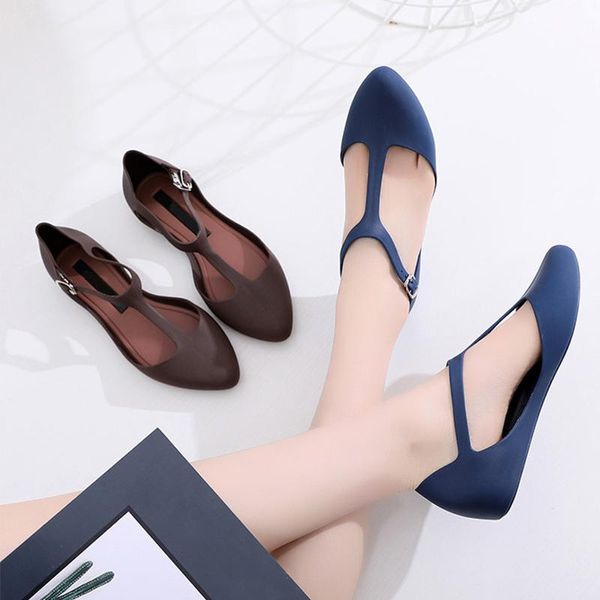 

women flat shoes ballet flats jelly shoes summer female t-strap point toe sandals shallow buckle strap comfort ladies footwear, Black