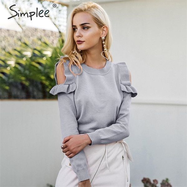 

simplee elegant cold shoulder knitted sweater women jumper casual long sleeve sweater female autumn winter ladies pullover 201221, White;black