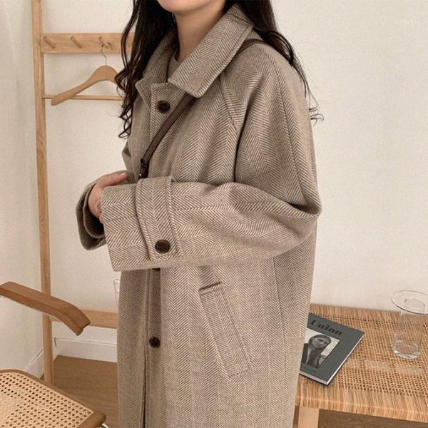 

autumn and winter new retro popular hepburn wind woolen coat female korean loose student long thick coat tide [november 18 end]]1, Tan;black