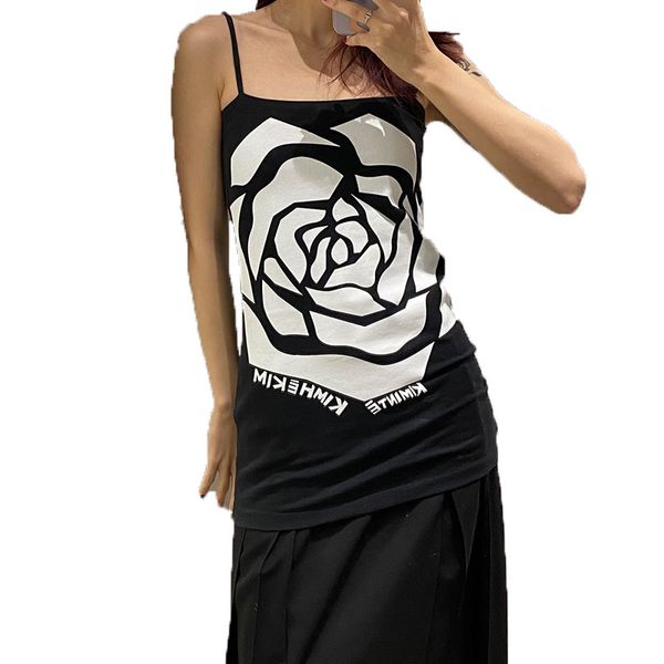 

black and white rose print suspender skirt slim short vest dress women's new, Black;gray