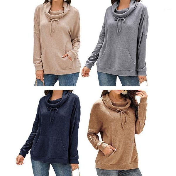 

women long sleeve loose sweatshirt cowl neck lace-up drawstring pullover solid color winter warm shirts with pocket1, Black
