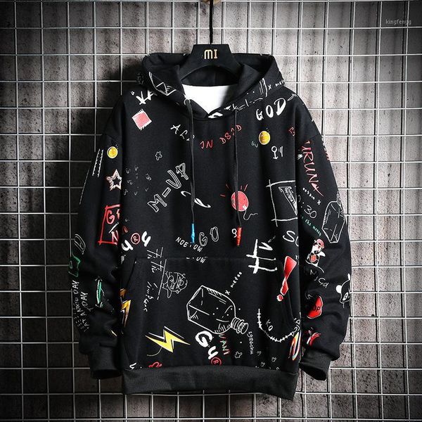 

mens print sweatshirts youth fashion casual hoodies men big pocket harajuku style graffiti cartoon male street clothes 2020, Black
