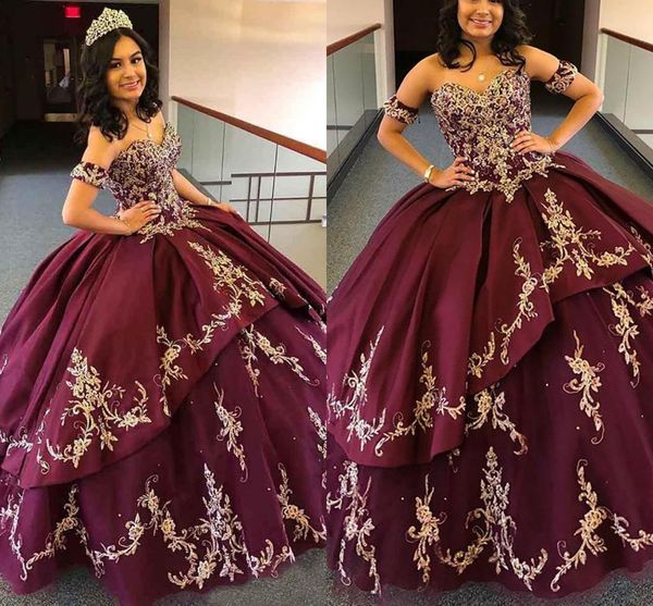 

classy burgundy ball gown quinceanera dresses sweetheart neck appliques gold lace sweet 16 dress satin prom party masquerade gowns al7484, Blue;red